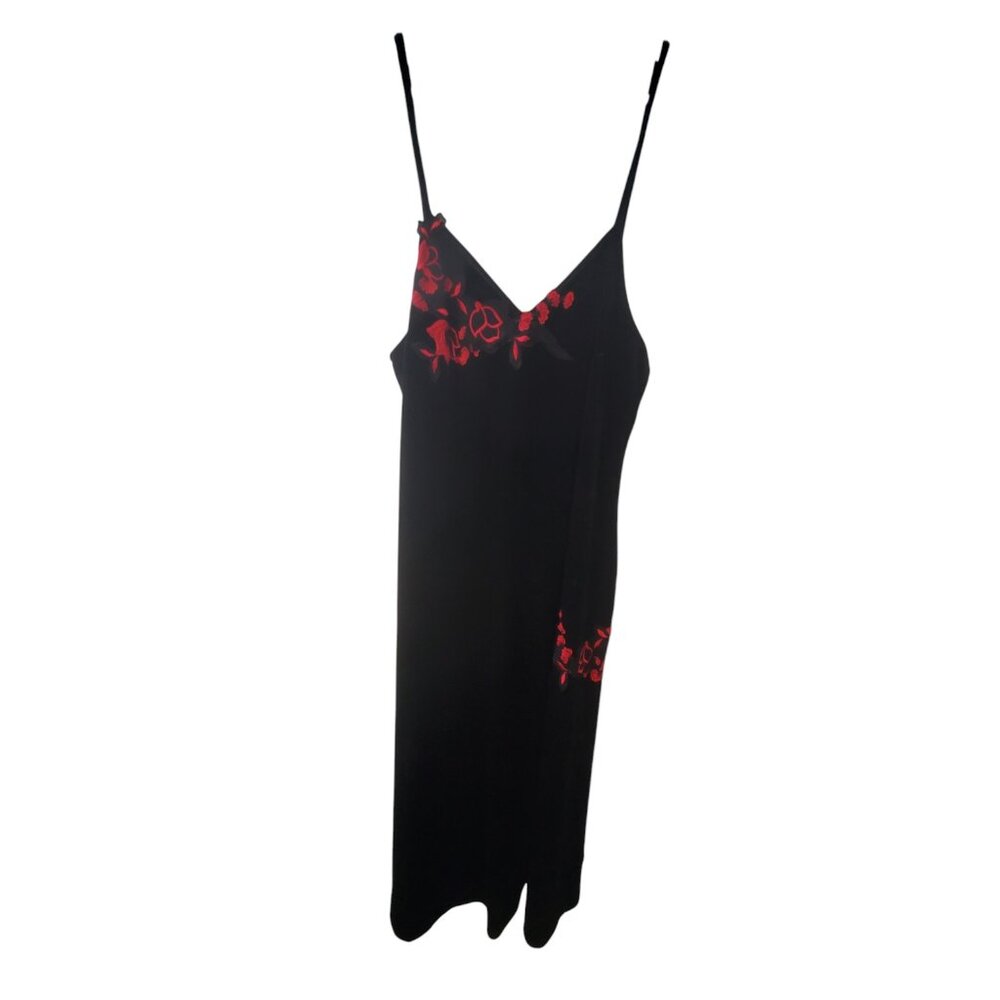 Delicates vintage slip dress wmns L black velvet red appliques Whimsigoth maxi